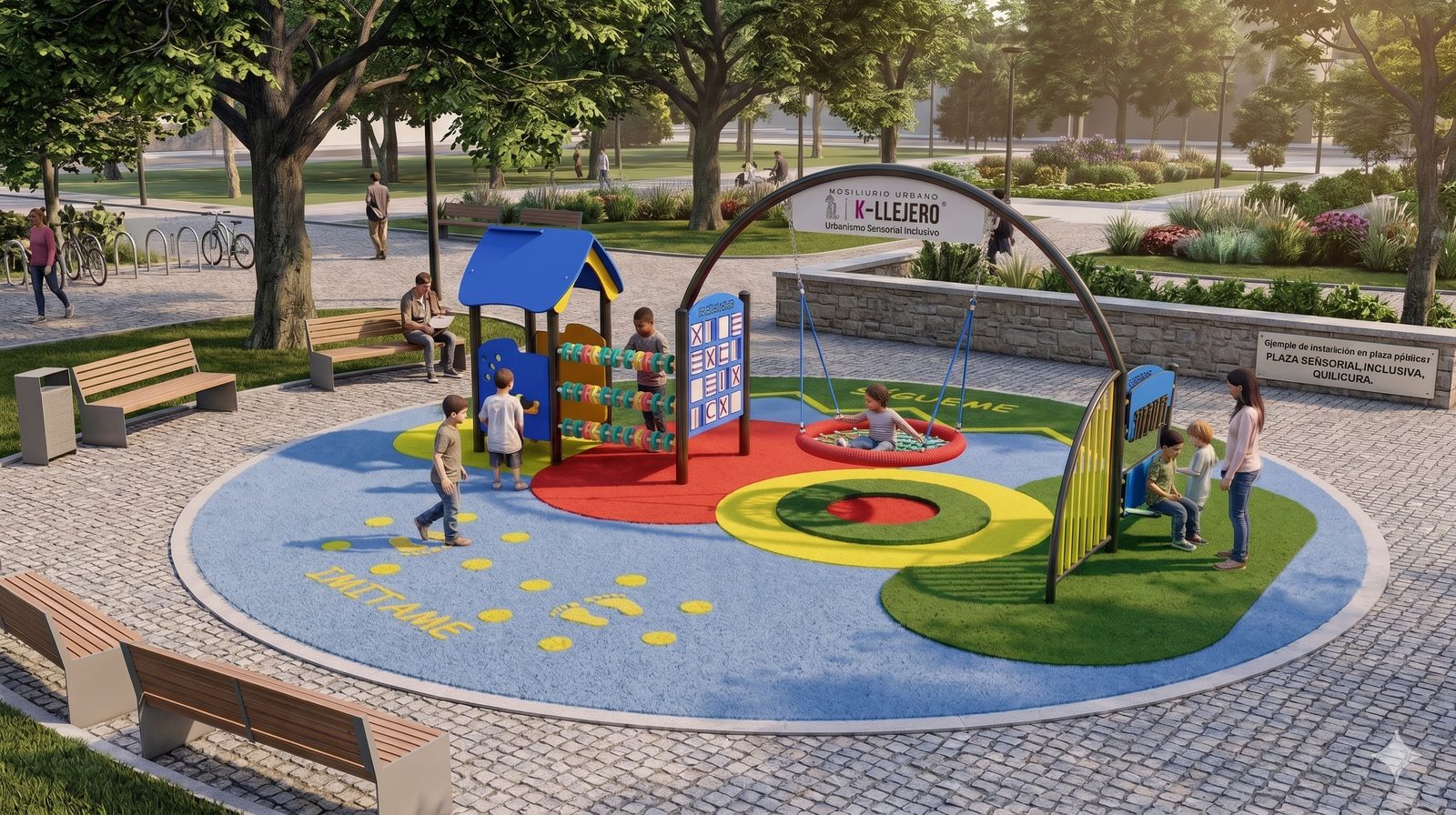 Render de plaza inclusiva K-LLEJERO con zonas de color, columpio de nido, juegos modulares y paneles sensoriales