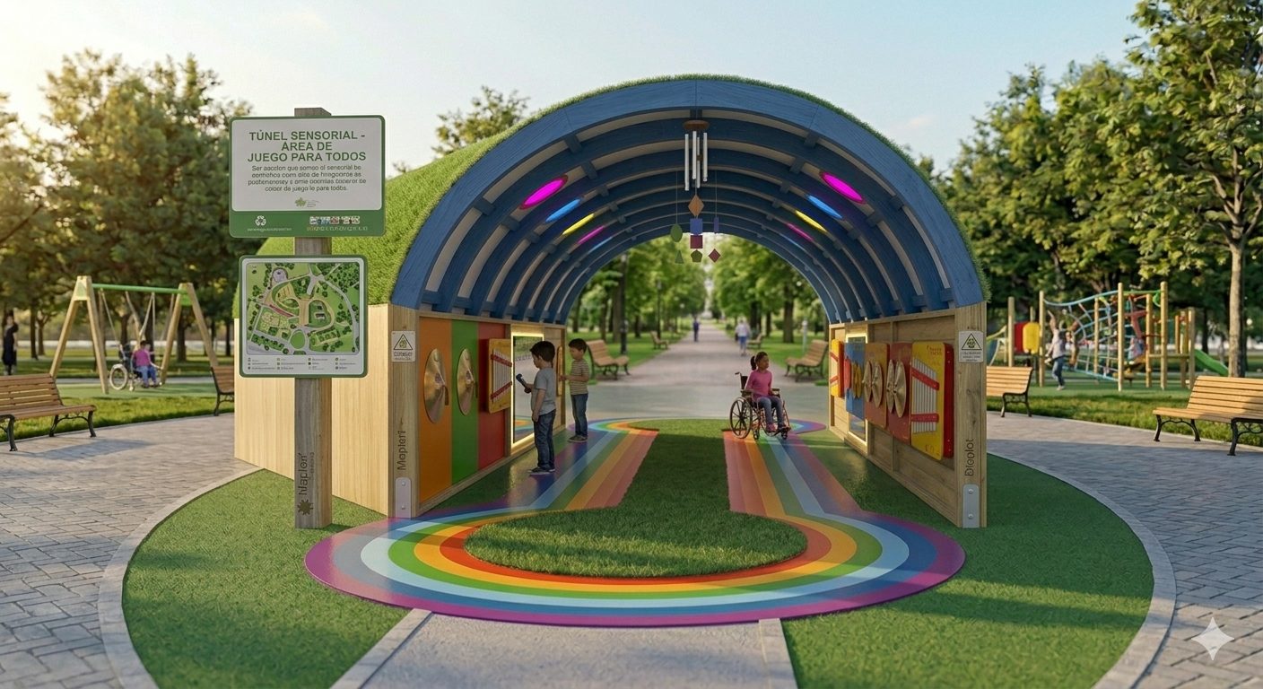Túnel sensorial K-LLEJERO con piso de colores, ventanas circulares y paneles táctiles