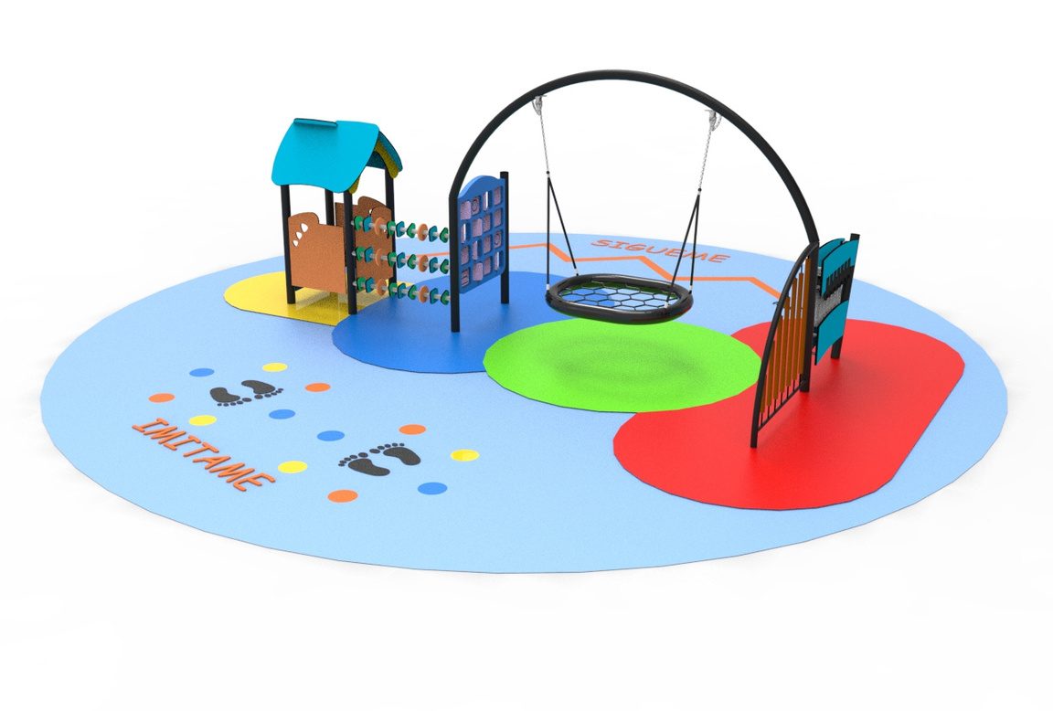 Modular sensorial cognitivo con refugio, columpio de nido, paneles y piso de zonas de color
